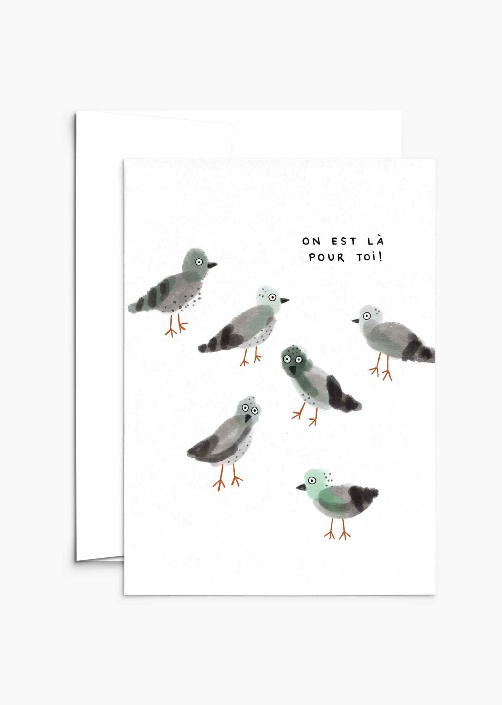 On est là pour toi greeting card with supportive message, recycled paper, blank inside, white envelope, compostable packaging