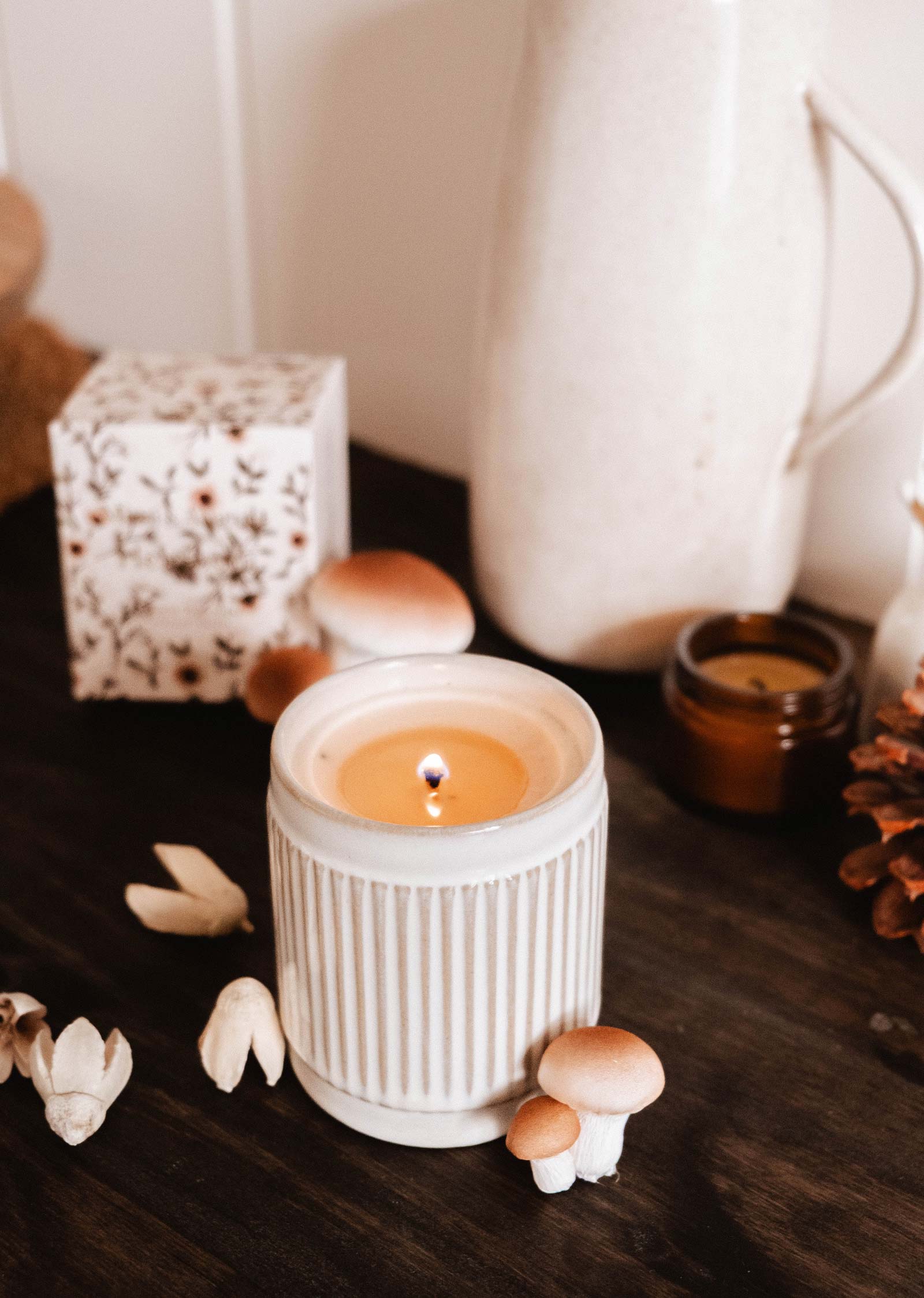 A lit Mimi & August Heirloom - Reusable Candle in a ribbed white jar sits on a dark wood surface, surrounded by small mushrooms, dried botanicals, a pinecone, a patterned box, and a white ceramic pitcher.
