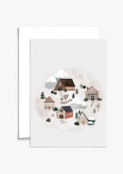 Holiday Village greeting card with holiday village illustration on recycled thick matte cardstock in compostable packaging
