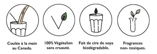 Four icons with French labels indicate: hand-poured in Canada, 100% vegan and cruelty-free, made with biodegradable soy wax, and non-toxic fragrances.