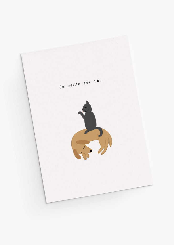 Besties cat and dog together greeting card-French- By Mimi & August