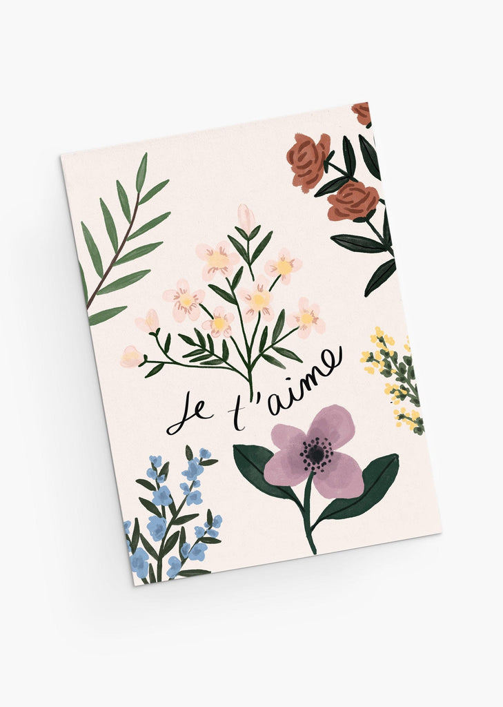 Floral greeting card saying I love you- French version- By Mimi & August