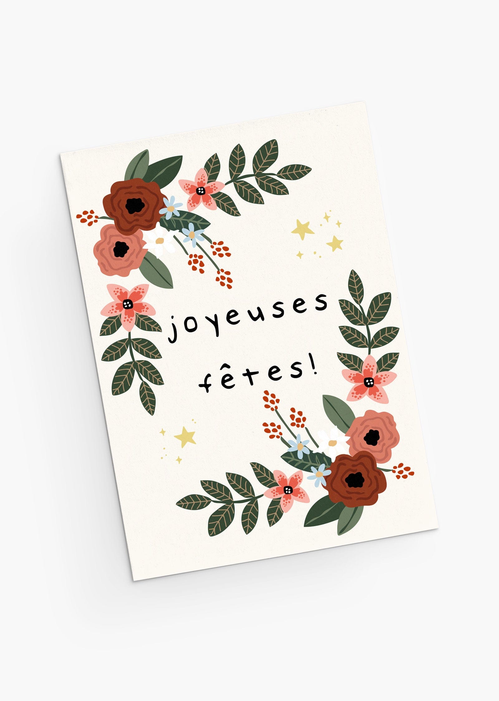 Hoidays greeting cards with beautiful flowers and shiny stars. By Mimi & August