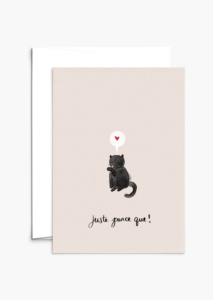 black cat with a small heart greeting card- by mimi and august
