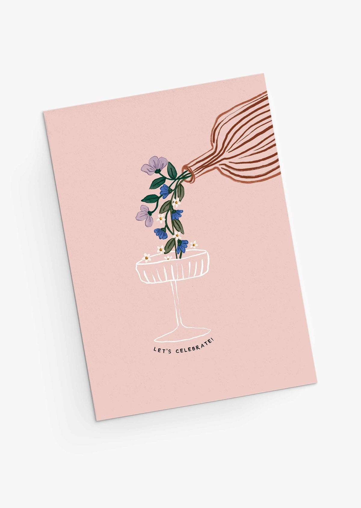 Let's Celebrate Greeting Card with whimsical bouquet flowing into a coupe glass on soft pink background