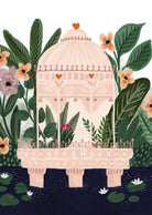 Love Palace art print featuring a vibrant pink palace surrounded by greenery and flowers, full color on recycled paper