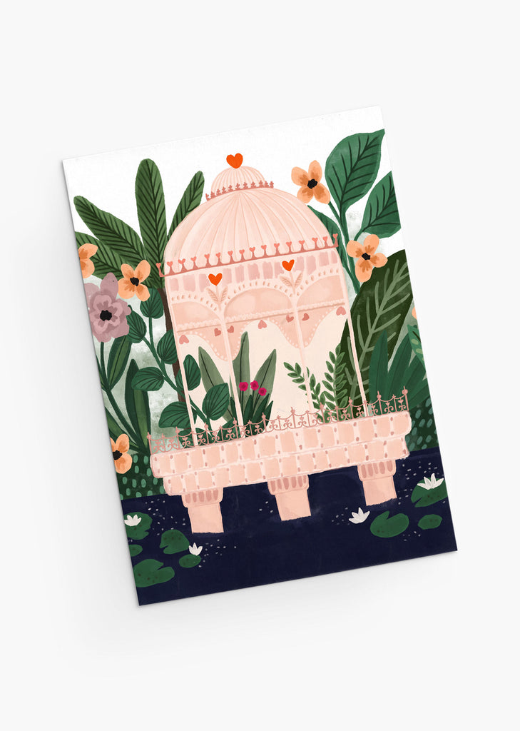 love palace with plants and flowers surrounded by water greeting card by Mimi and August. Made in Montreal