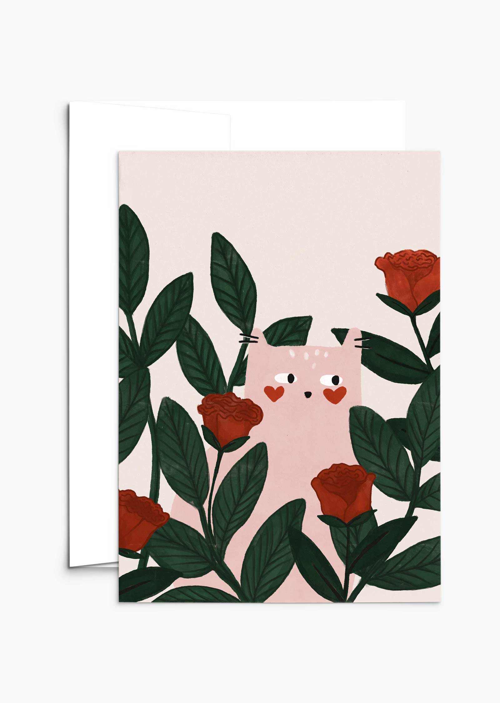Lovey Dovey Cat greeting card with pink cat and red roses on recycled paper