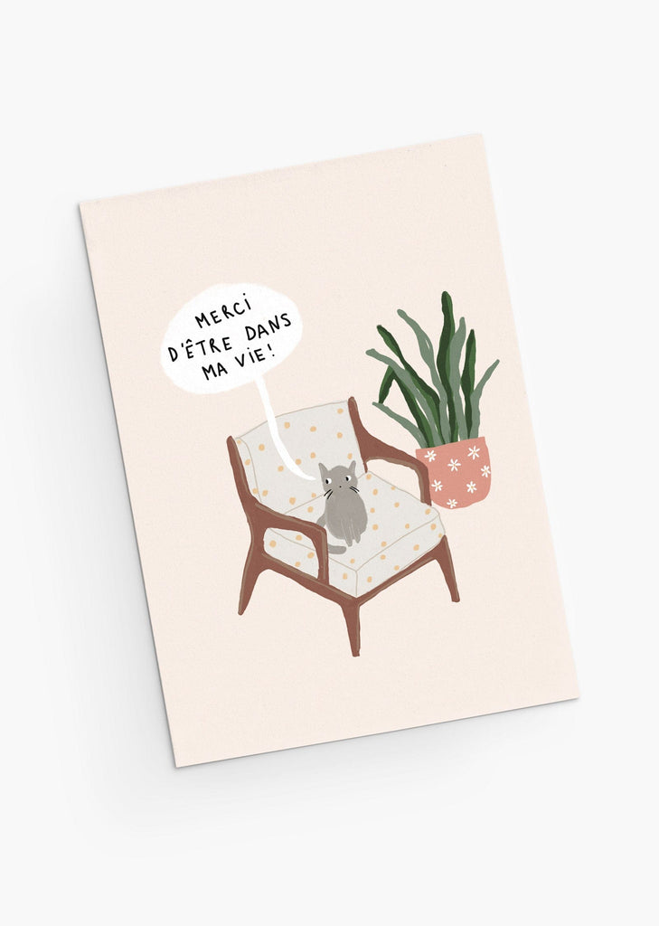 Cute cat sitting on a sofa next to a plant- thank you for being in my life- french version Greeting card- By Mimi & August