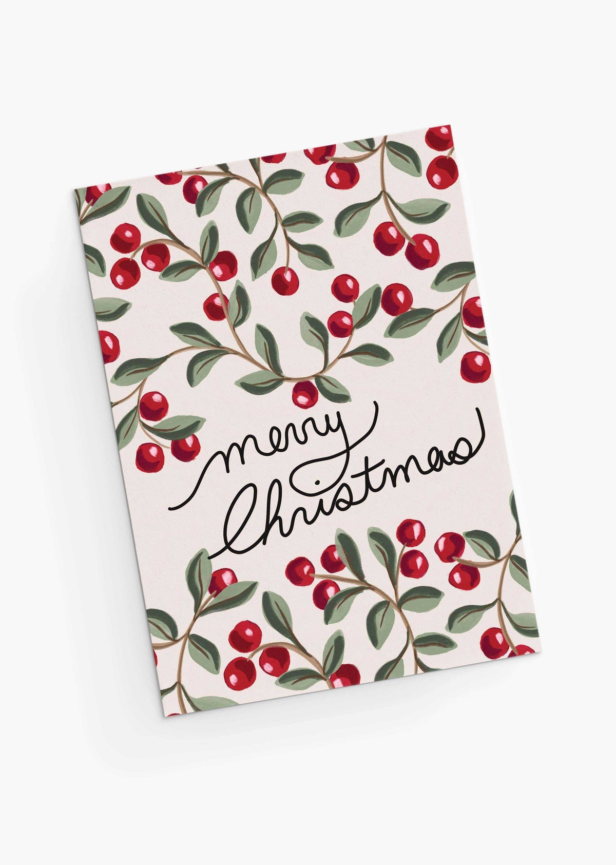 Merry Christmas Greeting Card with hand-painted red berries and green leaves on recycled matte cardstock