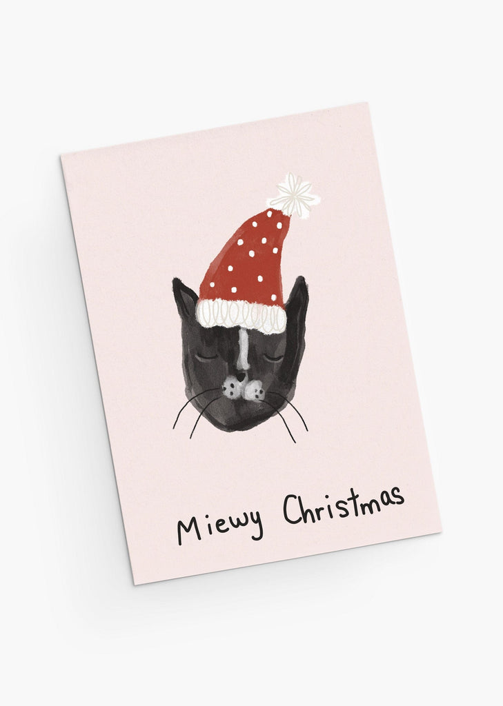 Holiday cat with santa hat wishing you a miewy christmas! By Mimi & August
