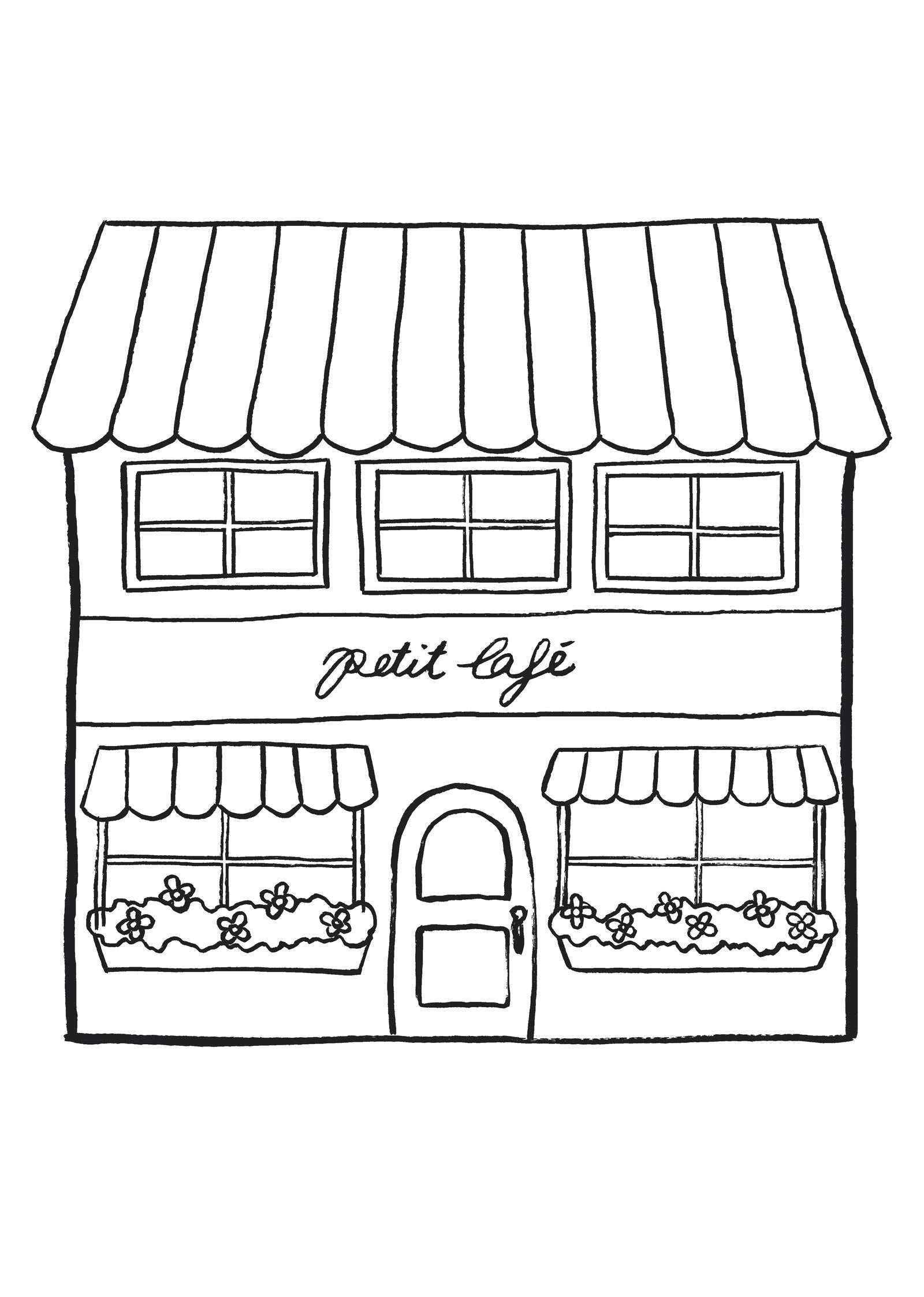 A line drawing of a two-story café with flower boxes and a "petit café" sign—perfect as the Petit Café Coloring Sheet by Mimi & August or as a free printable coloring sheet.