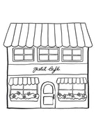 A line drawing of a two-story café with flower boxes and a "petit café" sign—perfect as the Petit Café Coloring Sheet by Mimi & August or as a free printable coloring sheet.