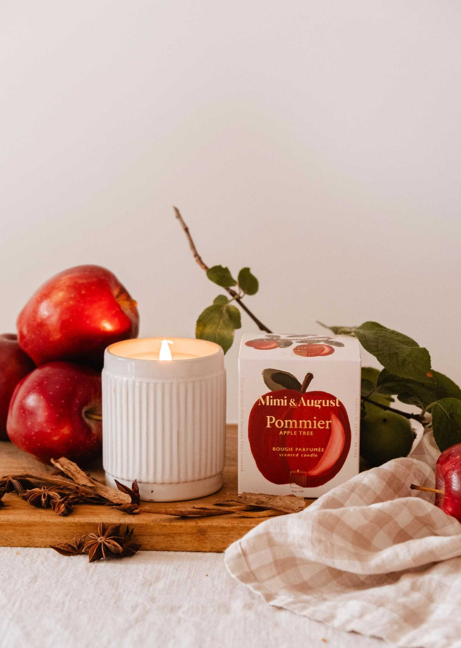 Apple cinnamon candle in reusable ceramic and glass containers, hand-poured soy wax with fresh apple, cinnamon, and warm spices scent
