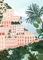 Colorful Positano art print featuring Italian coastal buildings and lush vegetation on recycled paper