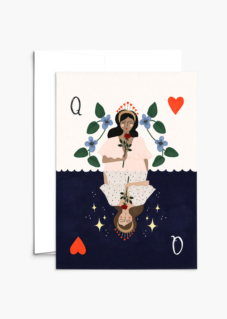 Carte de vœux par Mimi & August présentant une carte avec une dame de cœur. Belle carte avec une reine, des coeurs, des fleurs et des étoiles. Fabriquée à Montréal