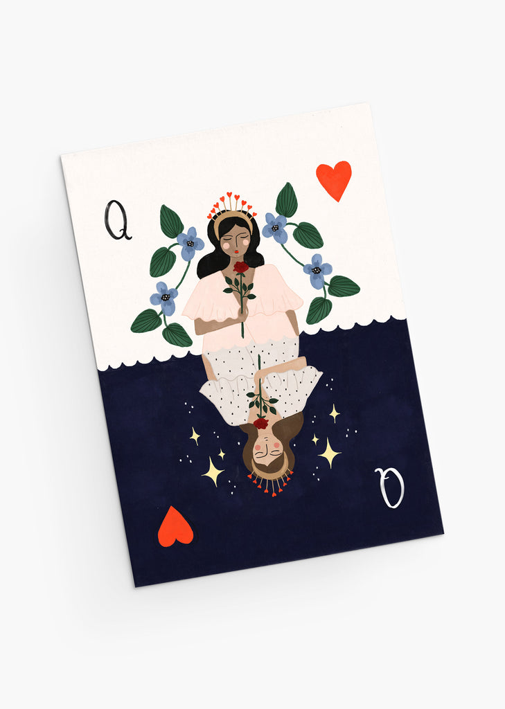 Queen of heart greeting card by Mimi & August. Made in Montreal. Beautiful card with hearts, the queen, stars and flowers.