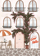 Cozy ristorante art print of a sunlit Italian street with blooming flowers on a restaurant façade