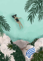 Swimming Art Print of woman swimming in tranquil water oasis with lush plants and rocks