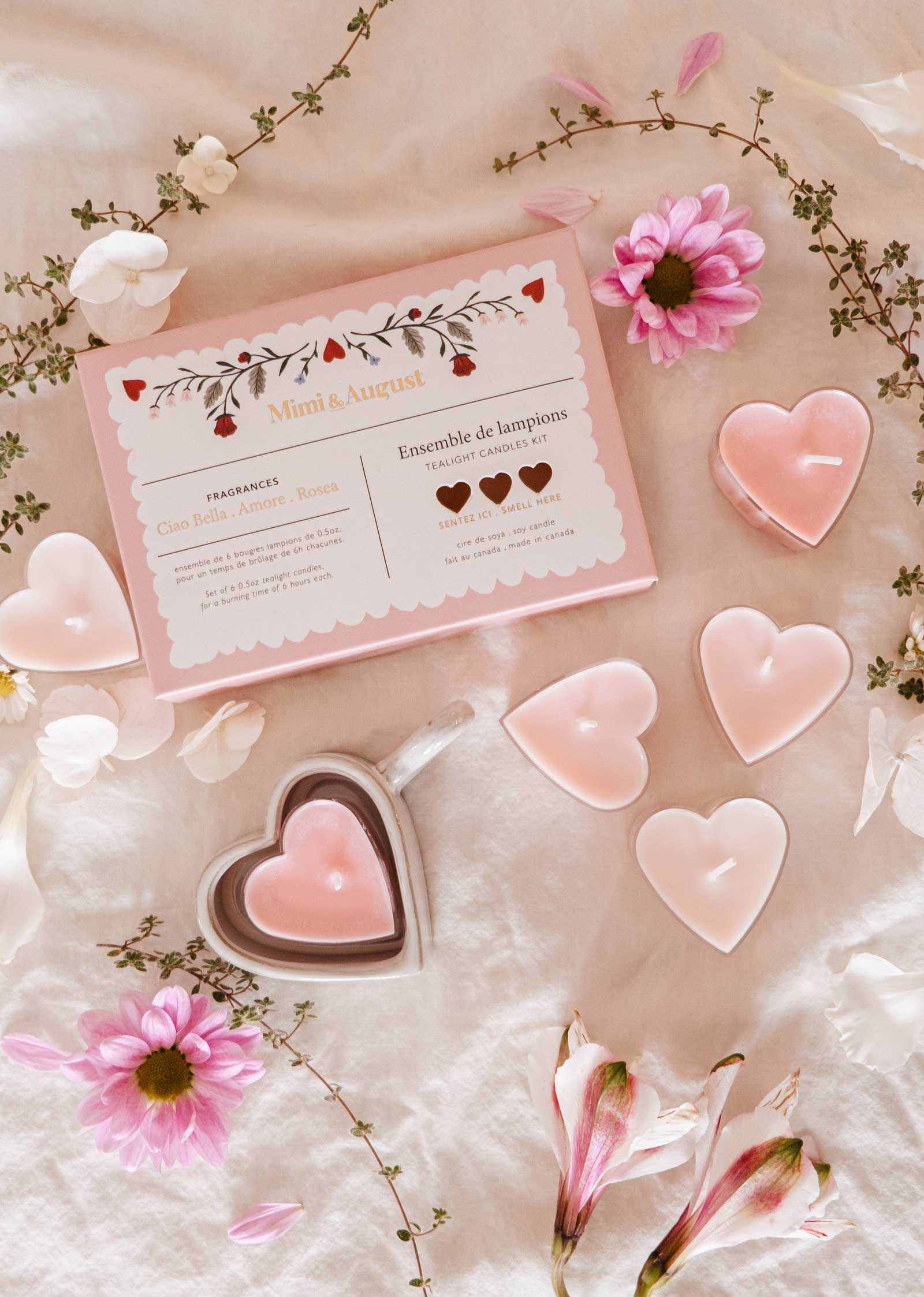 Six heart-shaped soy tealight candles in a Little Hearts tealight candle set for cozy, romantic ambiance