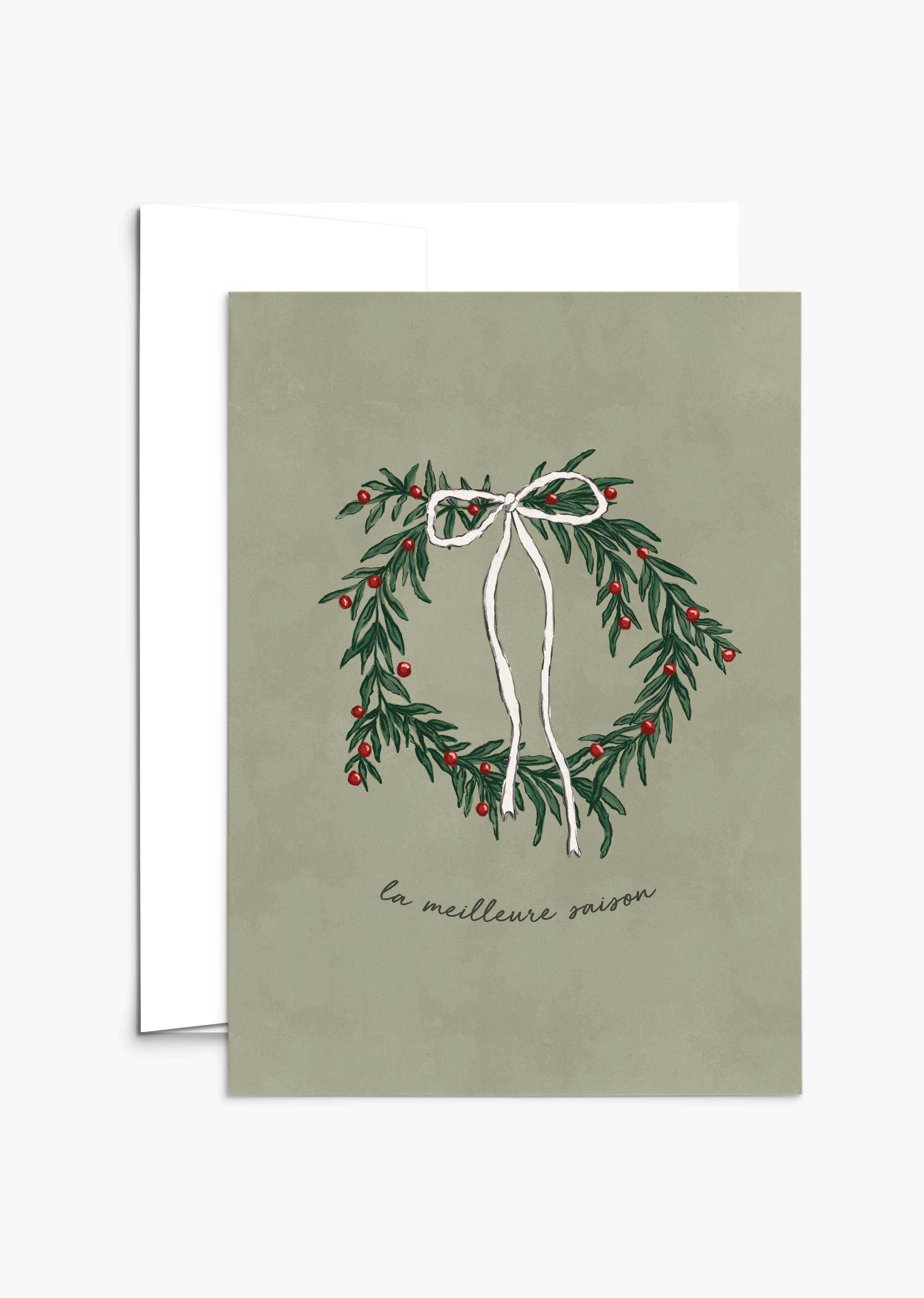 The Best Season Christmas Greeting Card with hand-illustrated wreath and red berries on recycled paper