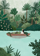 The Lake art print depicting a woman in a boat on clear water surrounded by lush trees