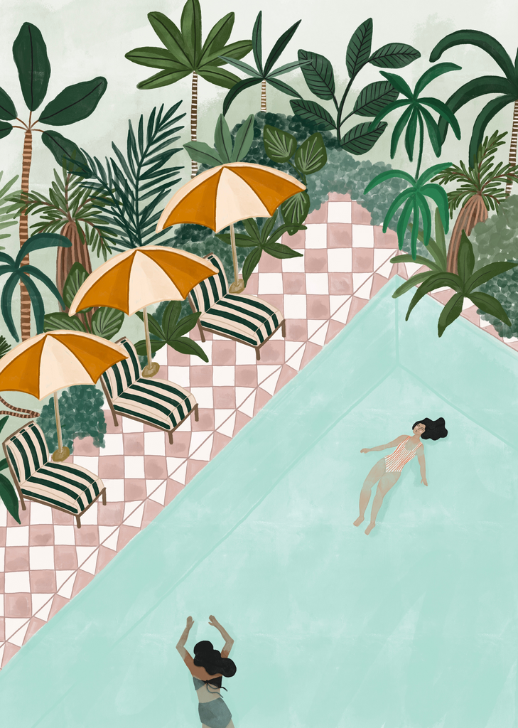 Illustration of two people swimming in a pool with checkerboard tiles, surrounded by green plants and vibrant flowers, with three striped lounge chairs under yellow and white umbrellas. This scene makes for a high-quality Mimi & August Vacation Art Print that captures the essence of leisurely summer days.