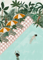 Vacation Art Print featuring playful swimming illustration with greenery and flowers on recycled paper