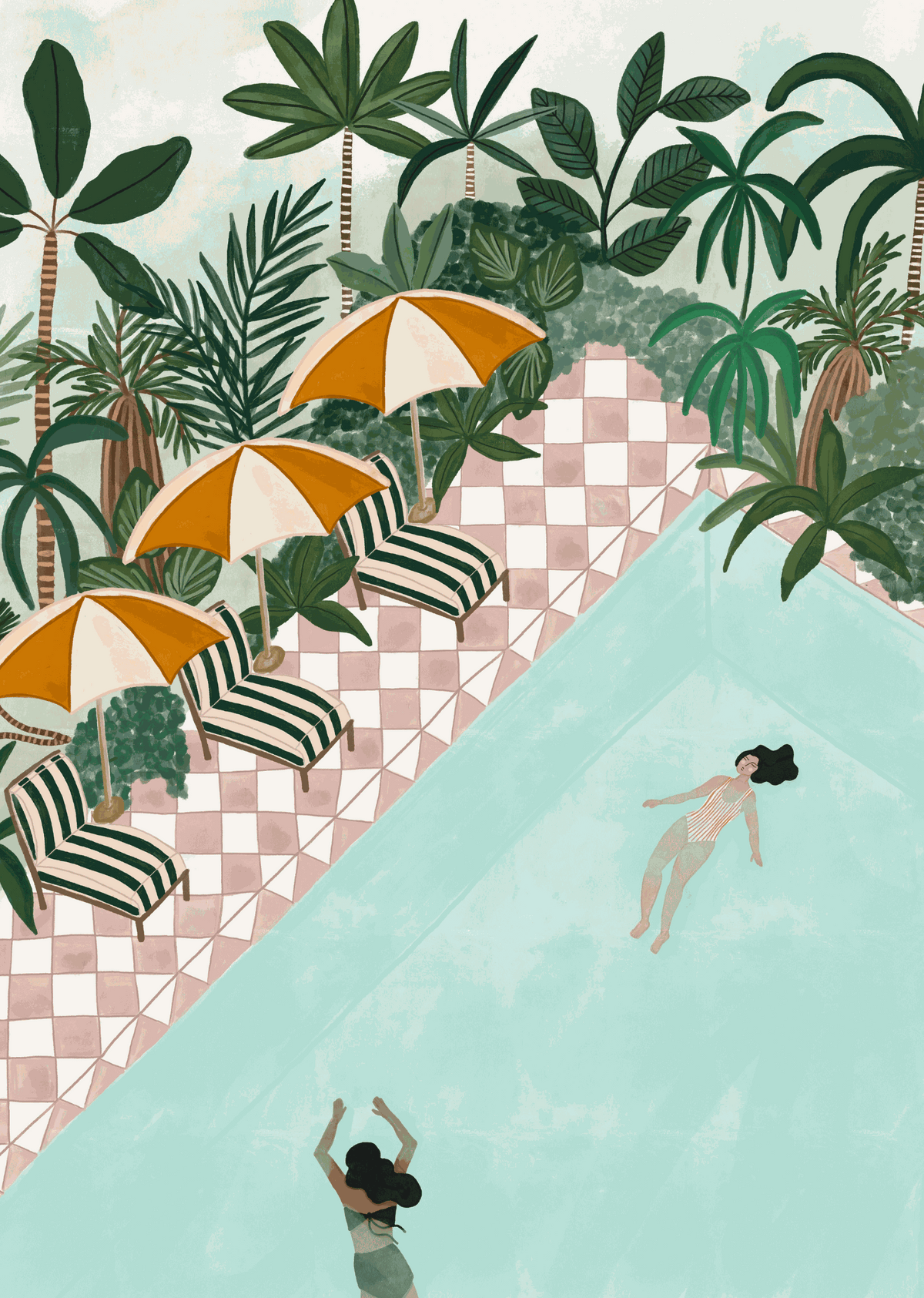 Vacation Art Print featuring playful swimming illustration with greenery and flowers on recycled paper