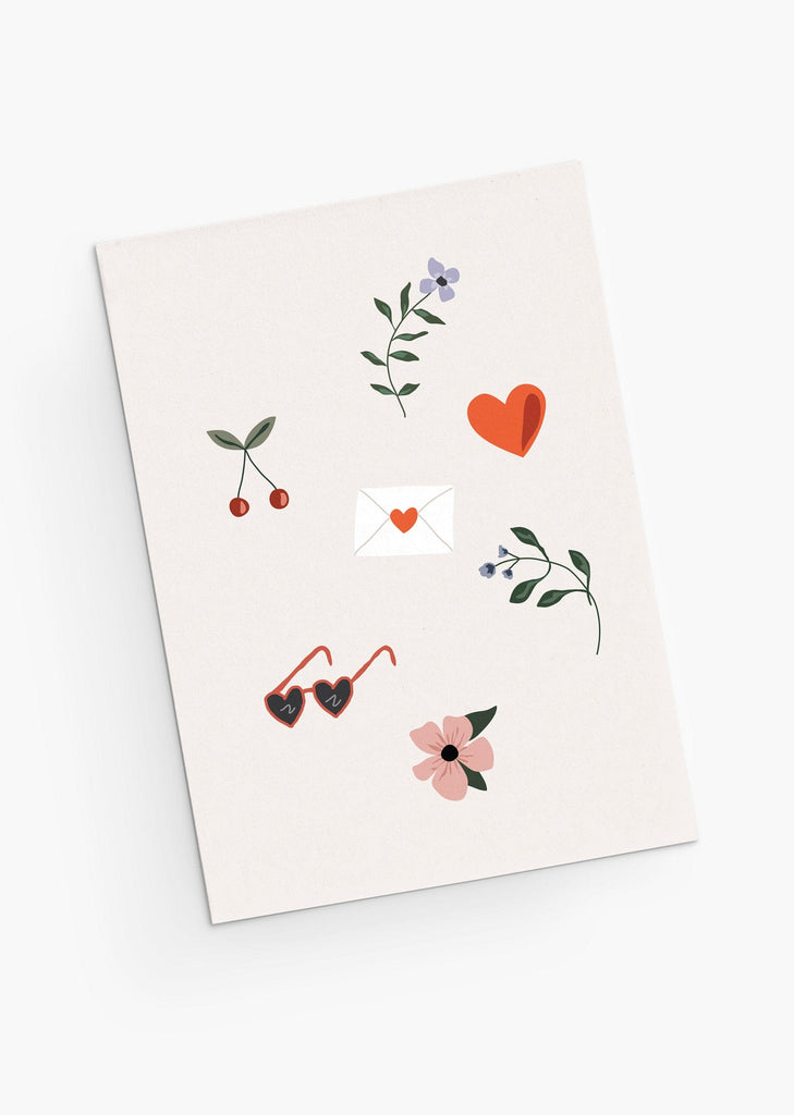 cute valentine's greeting card with small drawings of flowers, envelope and fruits- By Mimi & August