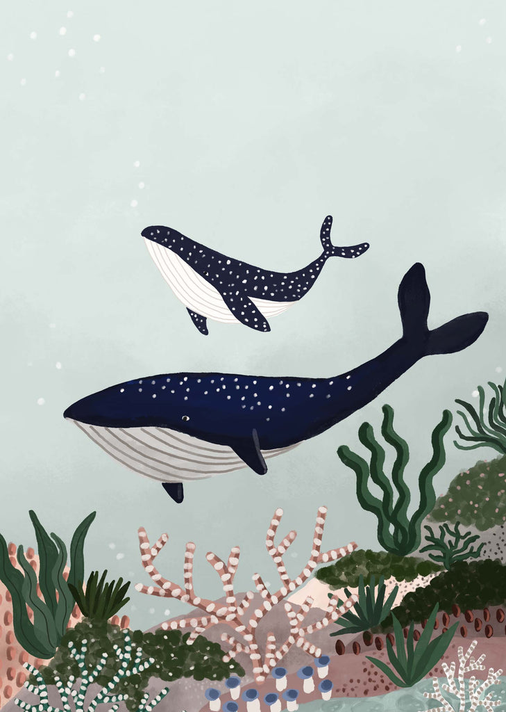 Two illustrated Whales Art Prints, including a mother whale, swimming underwater amongst coral and sea plants in a high-quality art print by Mimi & August.