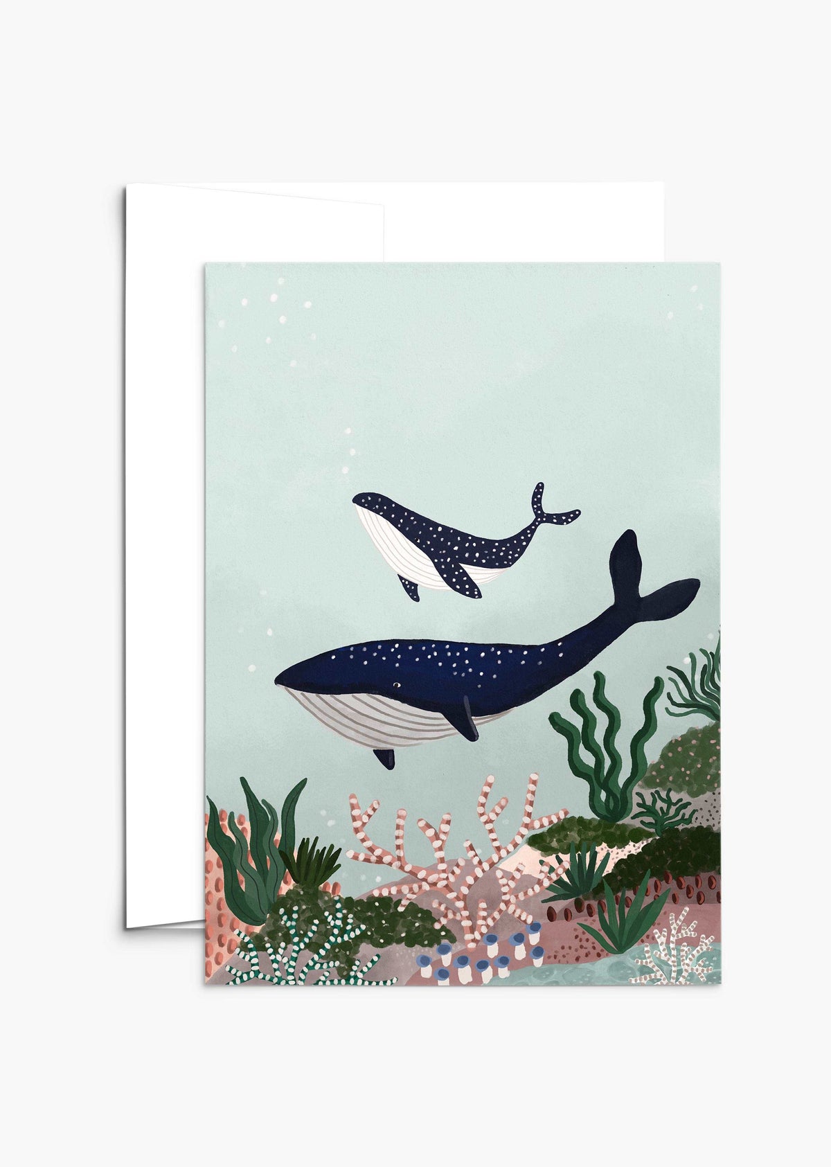 Whales greeting card with mother and baby whale for Mother's Day in ocean setting