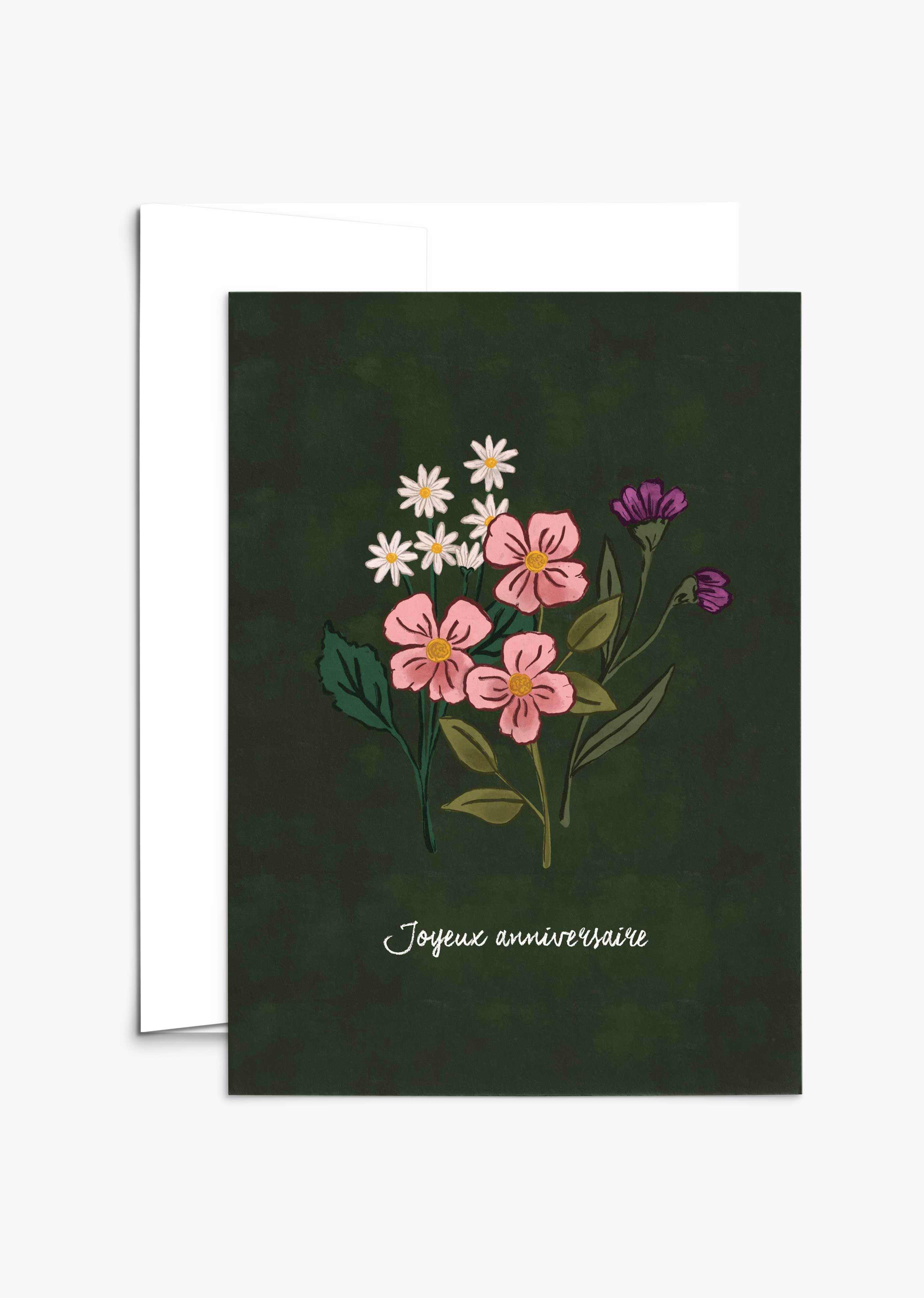 Wildflower Wishes Greeting Card with hand-drawn pink and white flowers on forest green background for birthday wishes