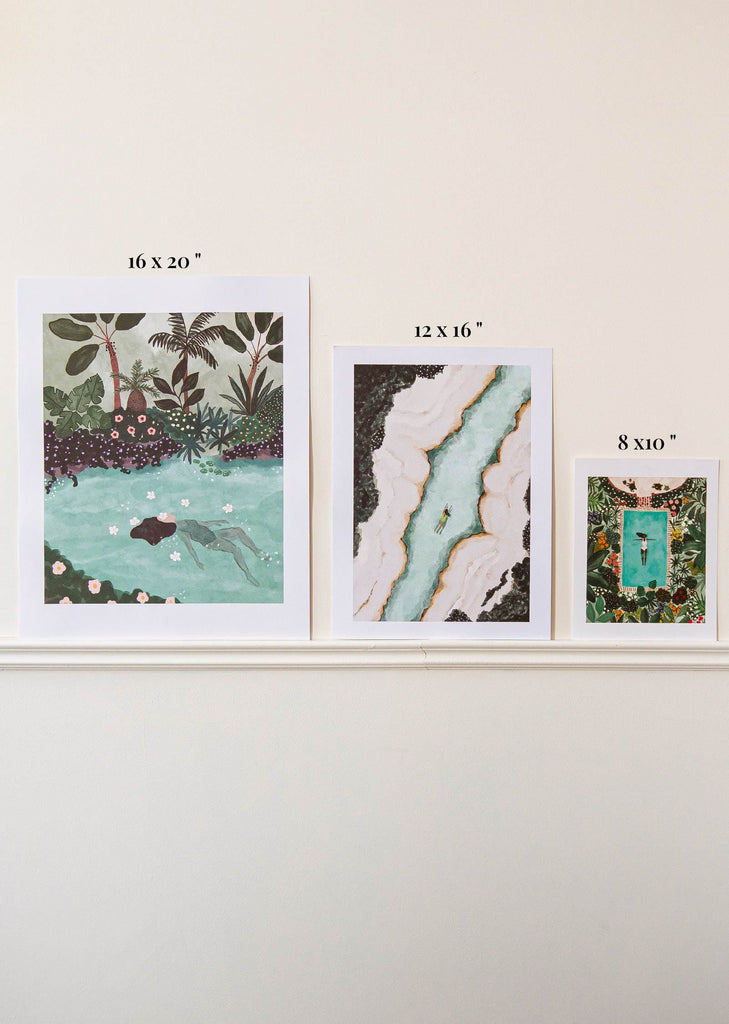 A set of four Mimi & August eco-friendly "Swimming in the Amazon" art prints on a Montreal wall featuring images of a pond.