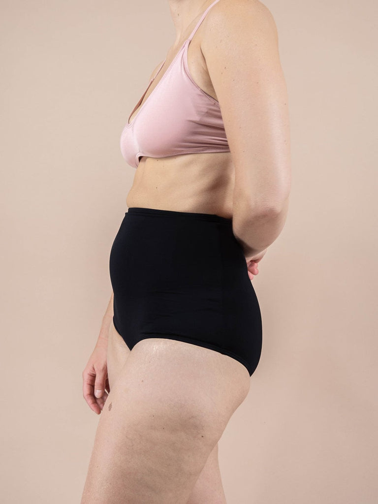 Ethical swimwear bikini bottom 4-way stretch fabric and lining.