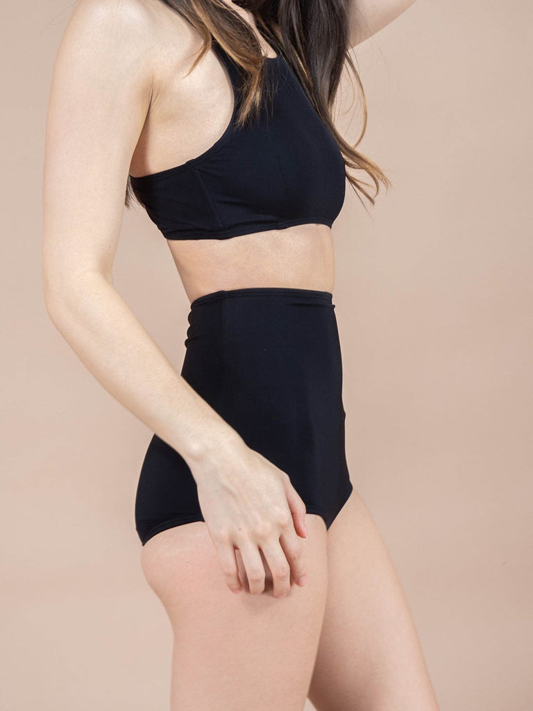 high waist bikini bottom made from econyl recycled fabrics by mimi and august