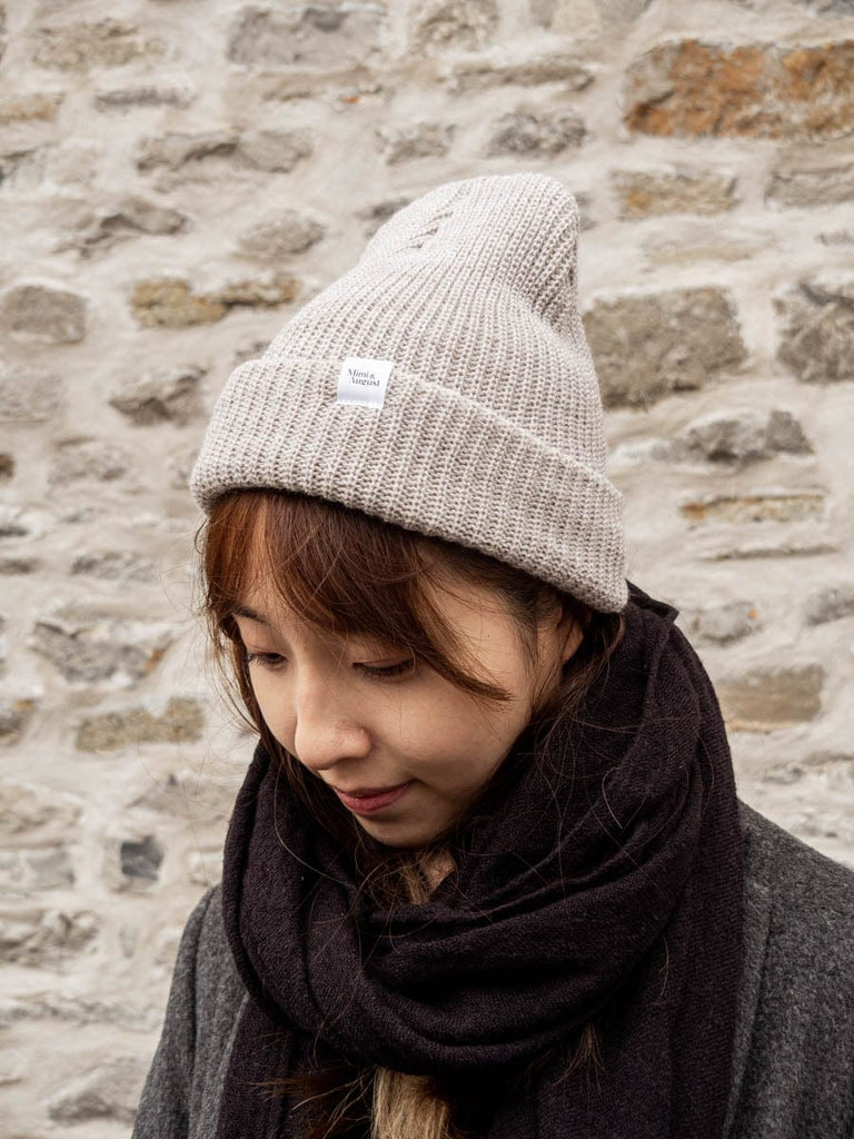 winter outfit heather oatmeal super puff beanie