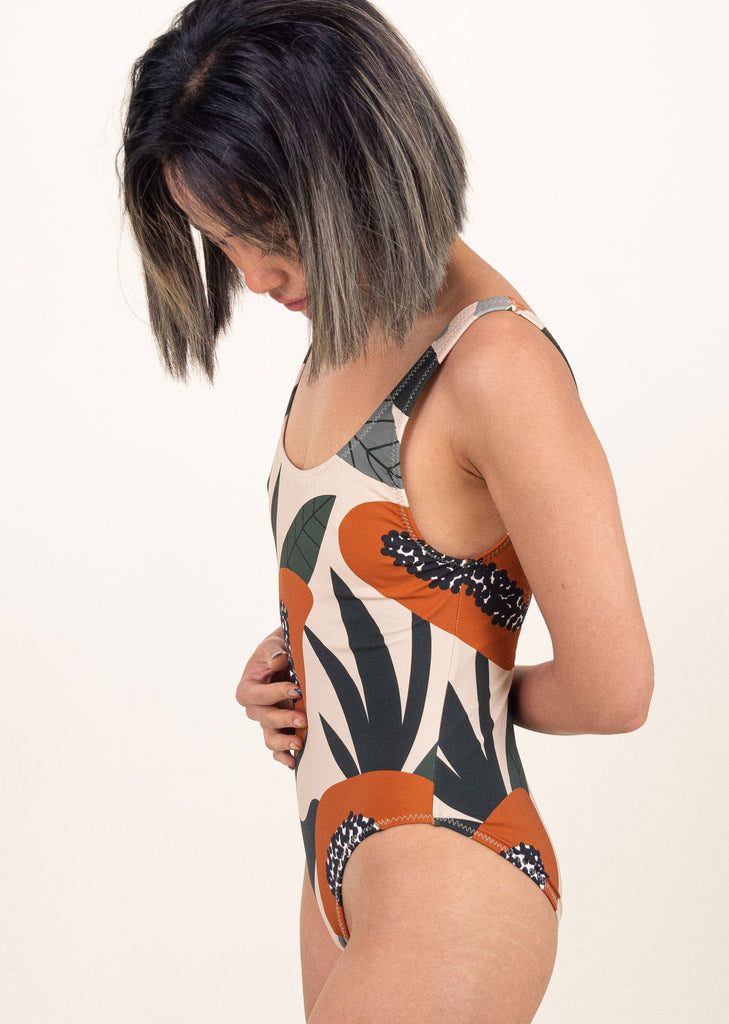 closer look at the papaya pattern swimwear one piece wear by Shu