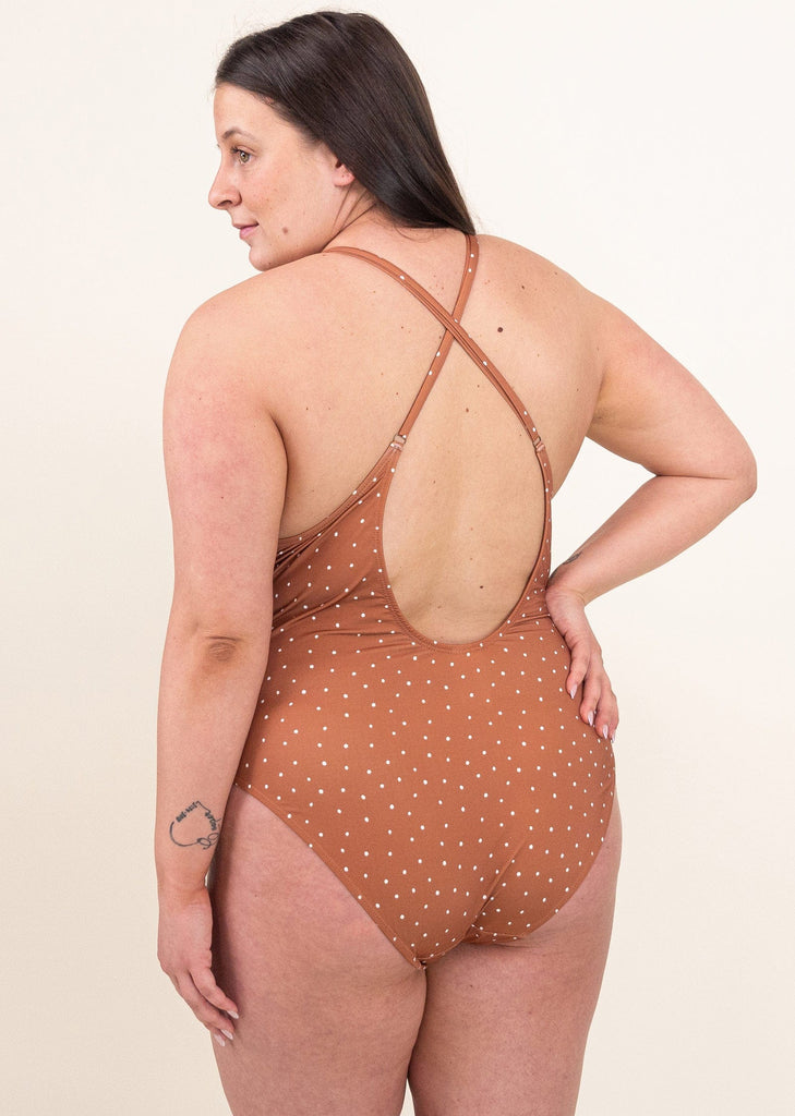 Back of the polka dots waterdrop swimwear one piece wear by Laurence - mimi and august