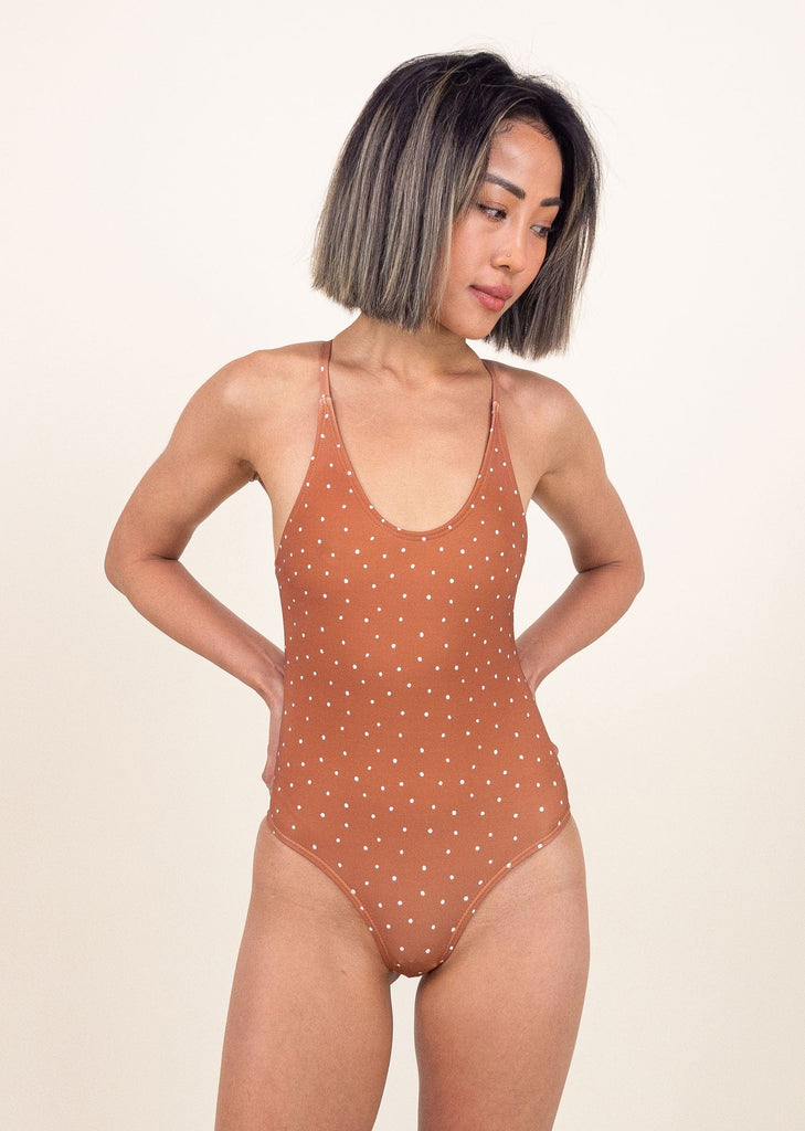 Shu wearing the Polka Dots Waterdrop One piece swimsuit size XS - mimi and august