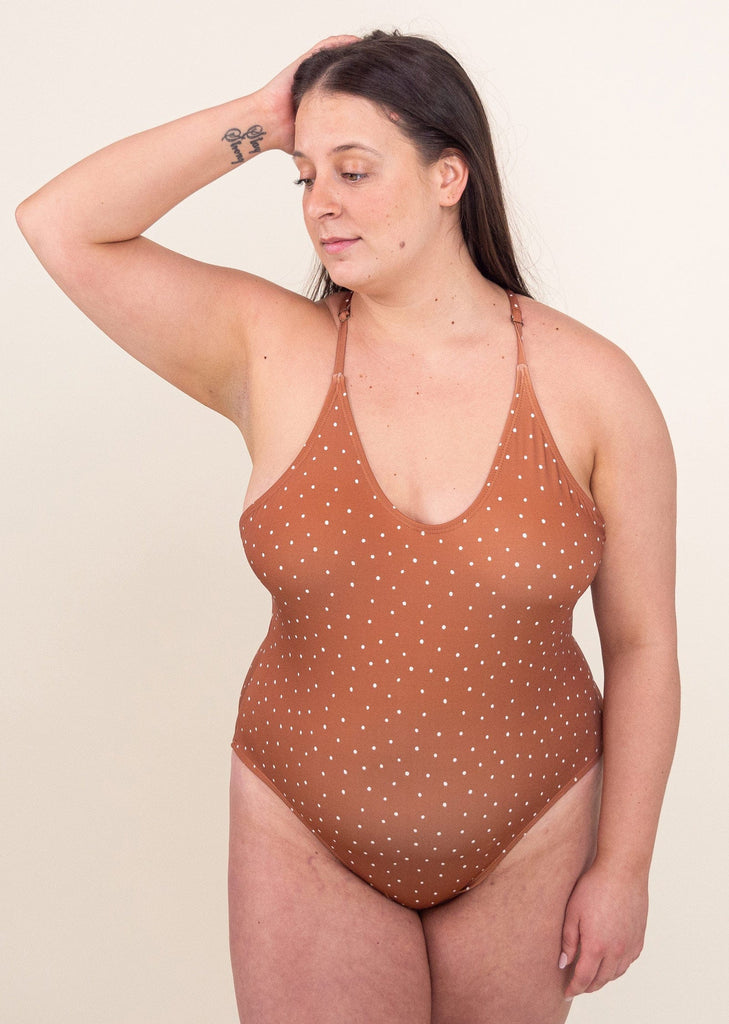 Laurence wearing the Polka Dots Waterdrop One piece swimsuit size XL - mimi and august