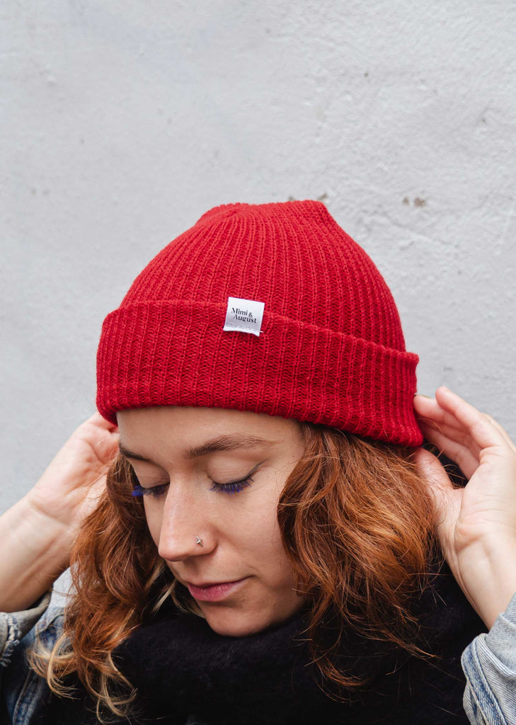 women wearing the Bright Red Watch Cap Beanie by Mimi & August
