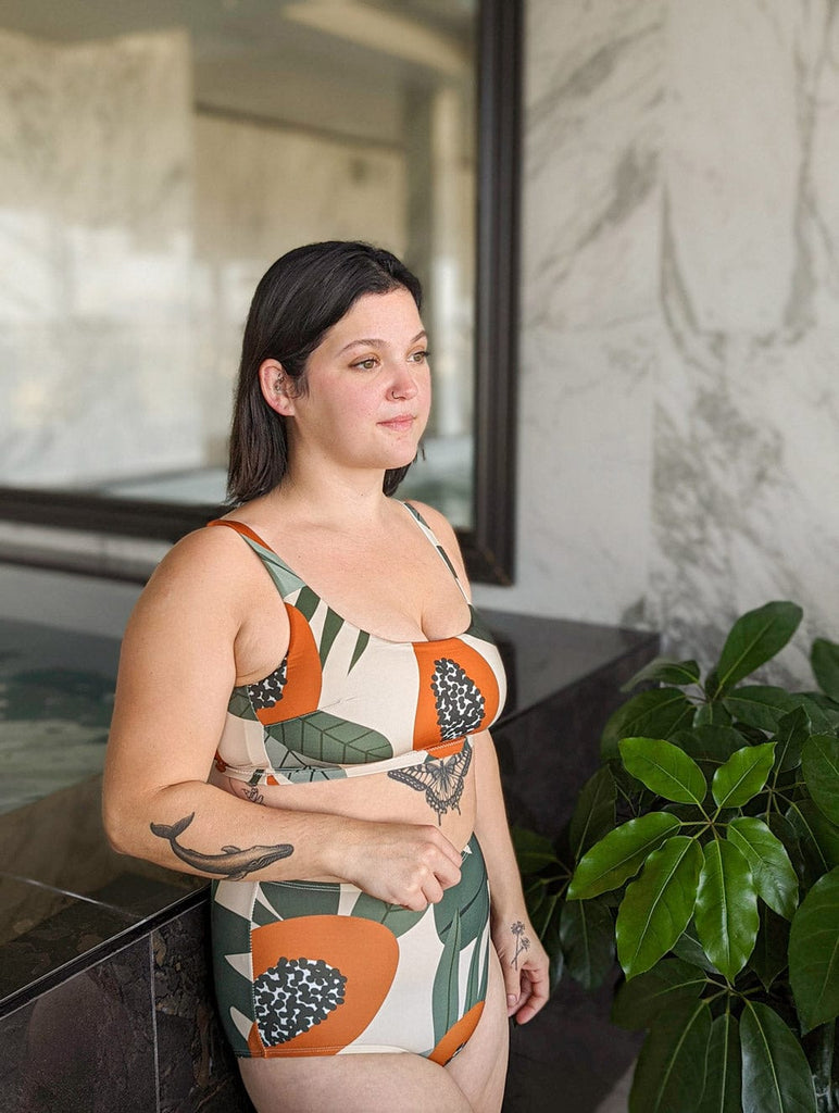 Sarah wearing the Tahiti Papaya Bralette Bikini Top size XL 