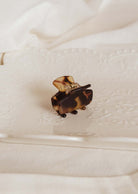 Tortoise Matte mini hair clip in a decorative white plate