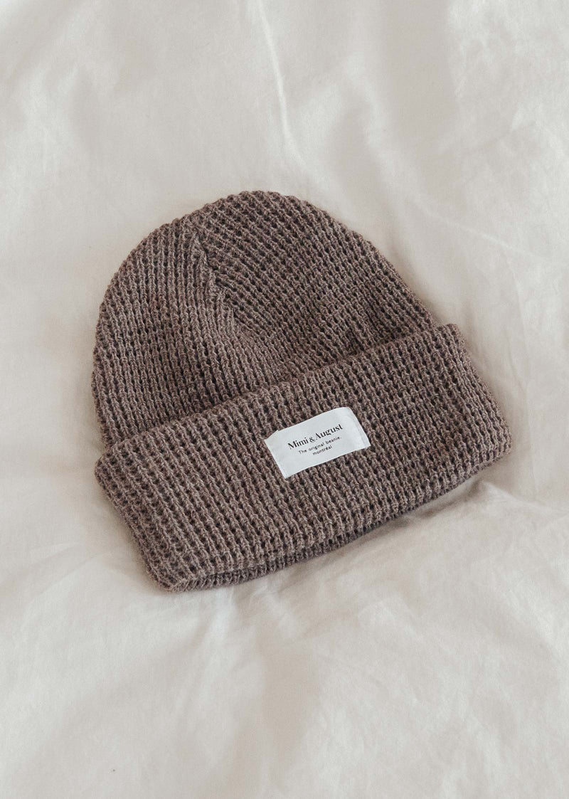 brown waffle beanie made and knitted in USA