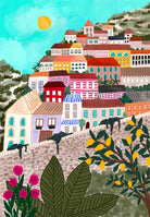 Colourful Village Art Print featuring vibrant houses on a hillside with flowers and lemon trees under a sunny sky