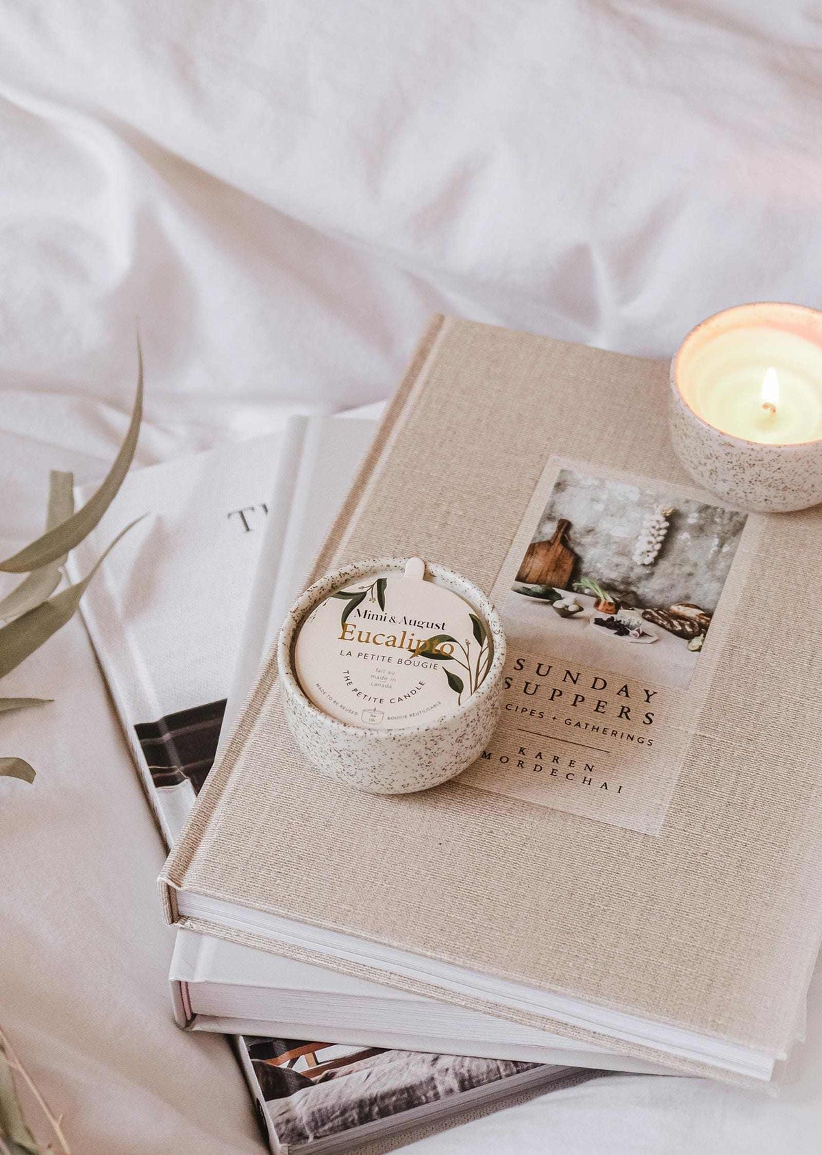 Eucalyptus candle in reusable ceramic cup on stack of books with soft natural lighting