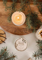 Lit fir tree candle in reusable ceramic cup surrounded by fir branches and candle lid on wooden surface