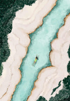 Javari River art print showing a person swimming in a turquoise river surrounded by sandy banks and green foliage.
