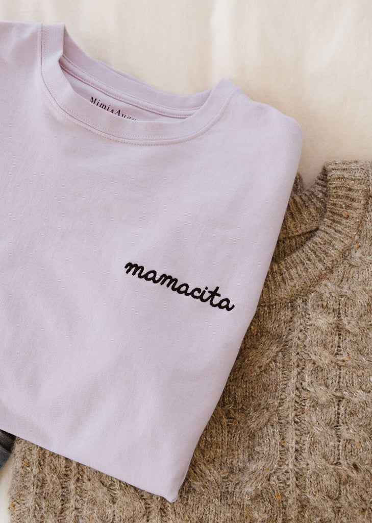 mamacita phrase embroider on a lilac color pima cotton sweater